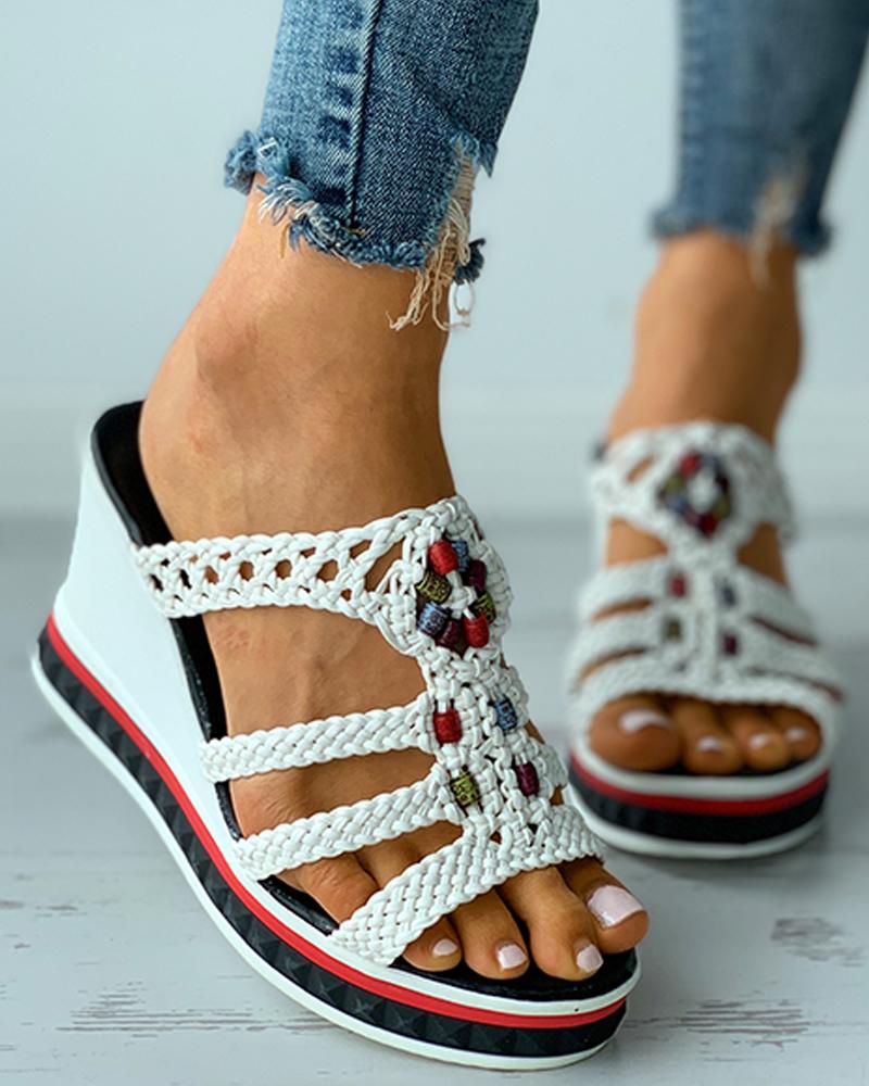

Colorful Beaded Braided Wedge Sandals, White