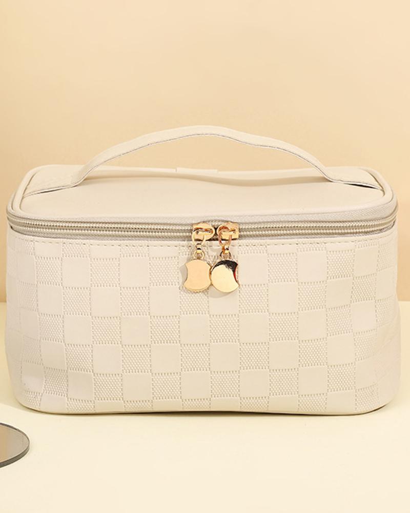

Plaid Large Capacity Waterproof Travel Cosmetic Case Organizer Opens Flat Makeup Bag Toiletry Bag, Beige