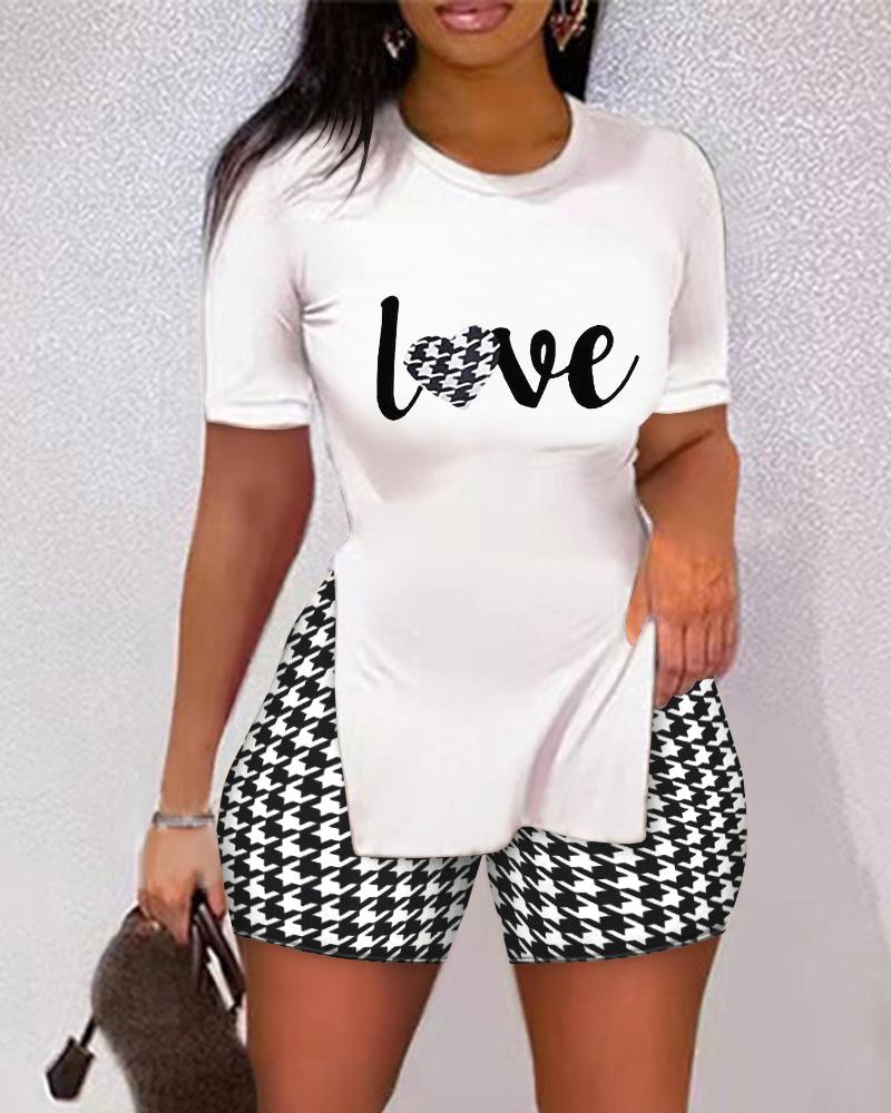 

Letter Print Split Hem Top & Houndstooth Shorts Set, Blackwhite