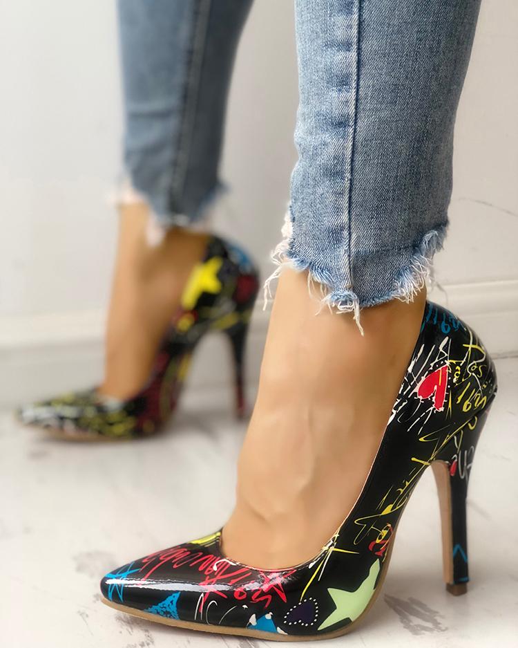 

Graffiti Print Point Toe Thin Heels, Black