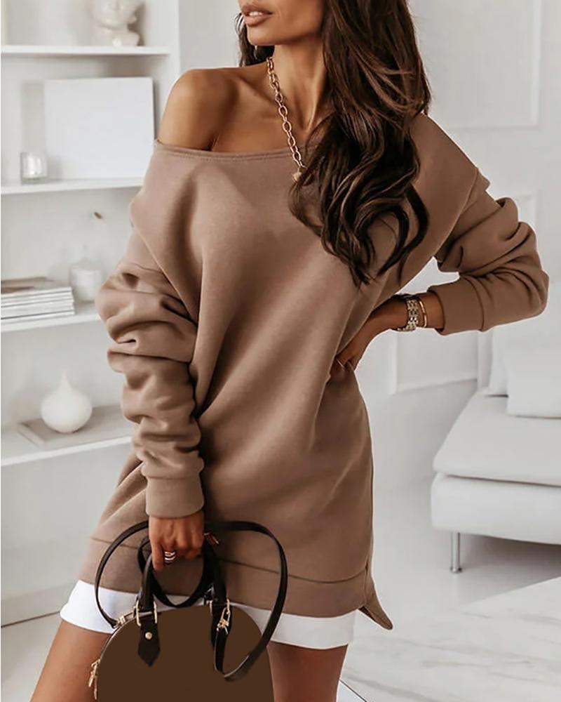

Fake Two-piece Long Sleeve Sweatshirt Dress, Khaki