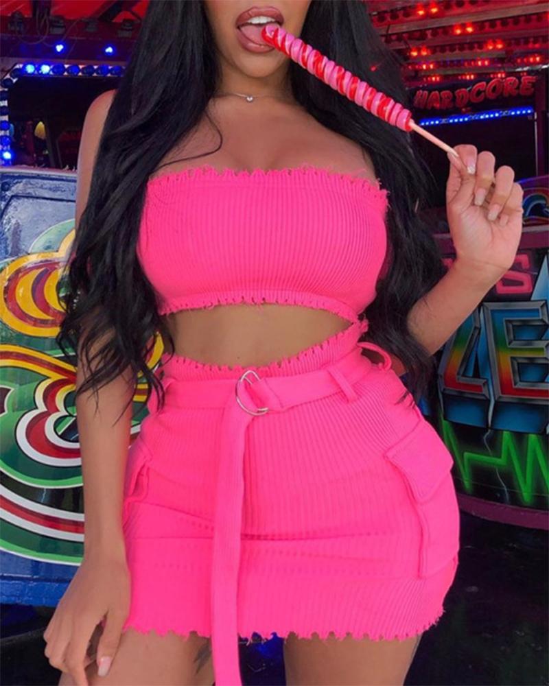 

Off Shoulder Crop Top & Pocket Design Skirt Set, Hot pink