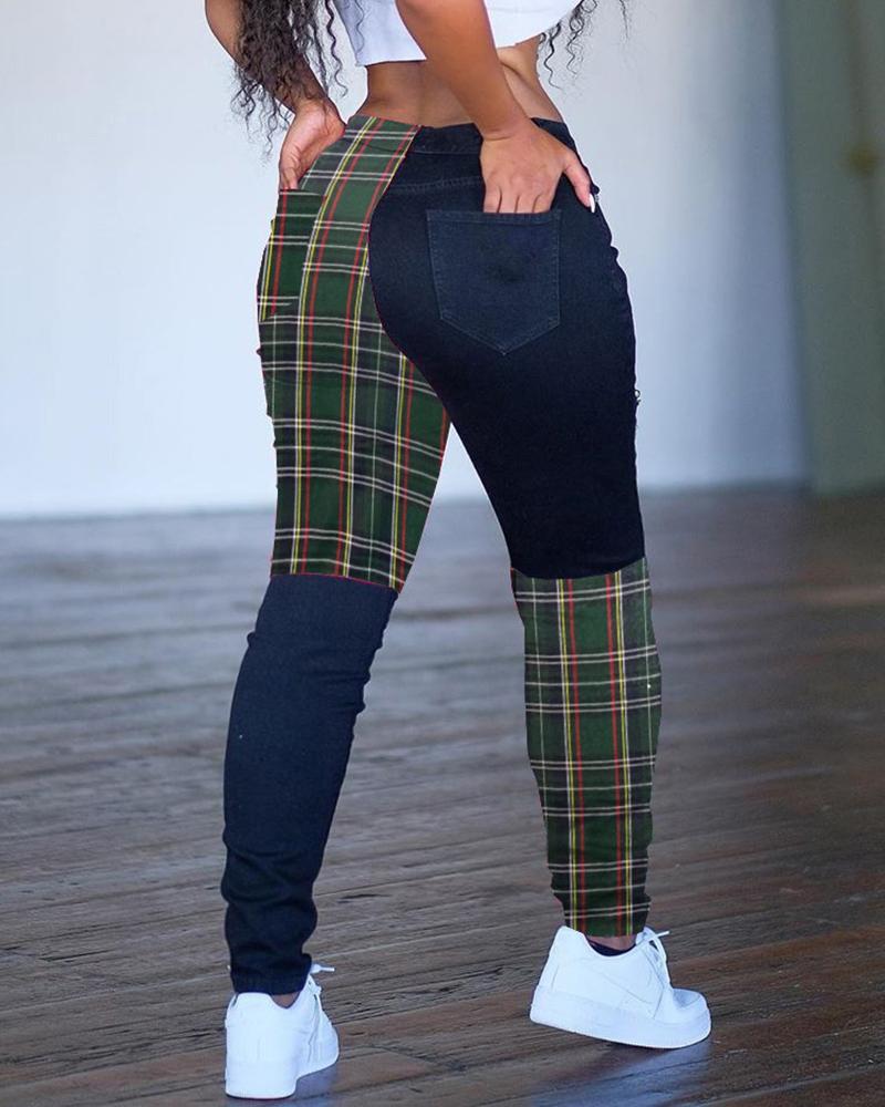 

Plaid Print Colorblock Casual Pants, Army green