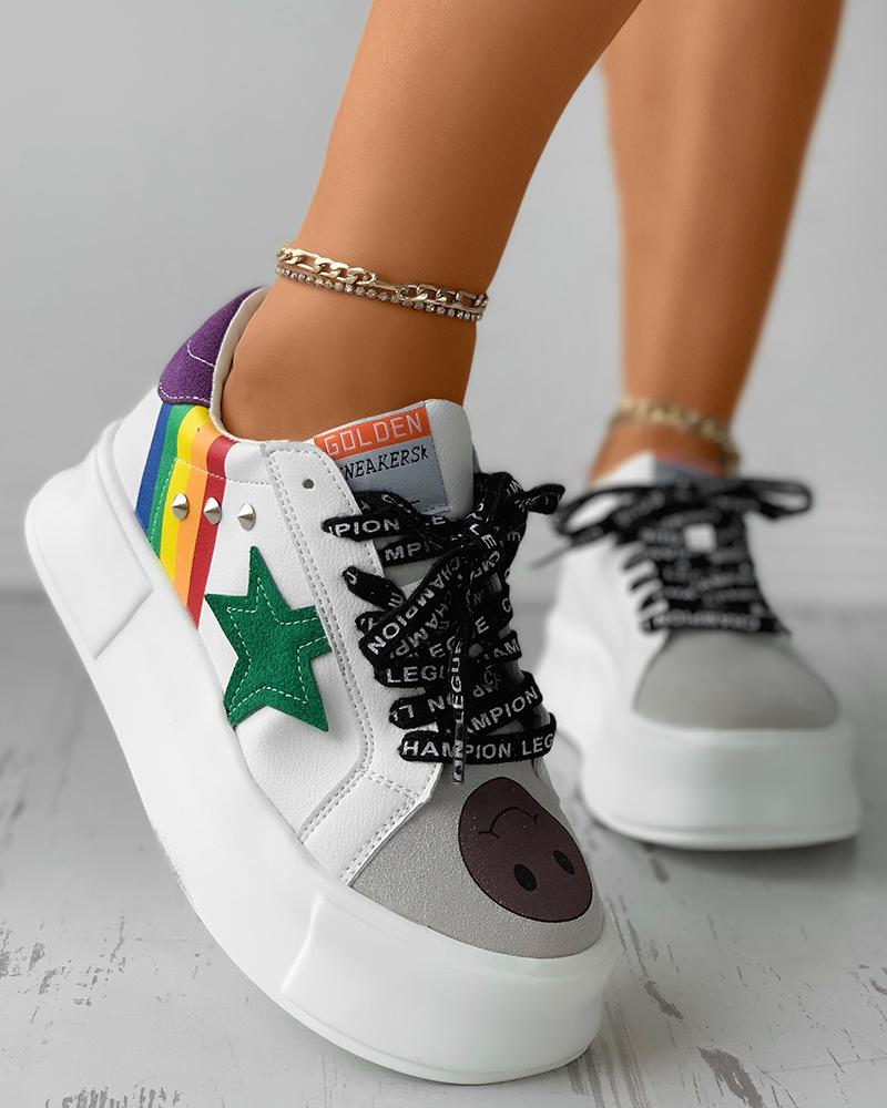

Star Pattern Letter Lace-up Studded Decor Sneaker, Multicolor