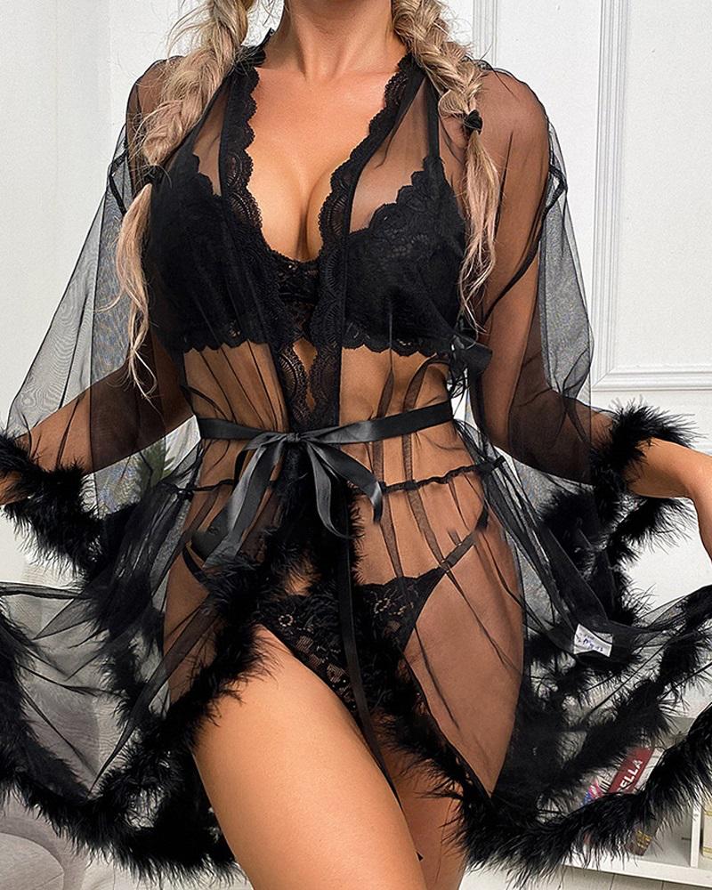 

Feather Trim Bell Sleeve Sheer Mesh Robe, Black