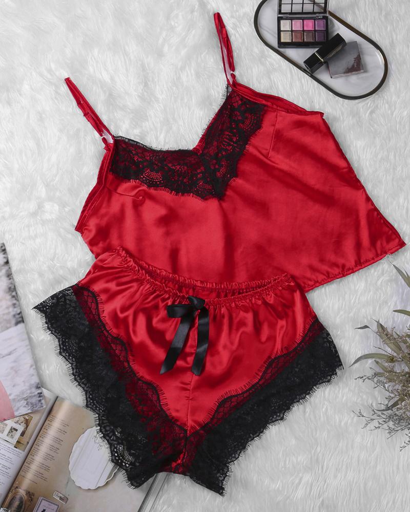 

Contrast Lace V-Neck Cami Set, Red