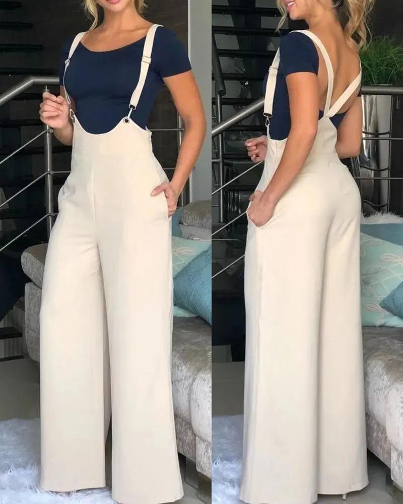 

Wide Leg Pocket Design Suspender Jumpsuit, Beige