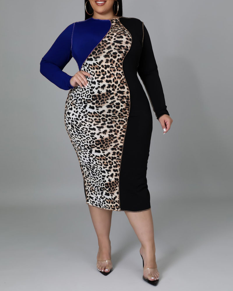 

Plus Size Leopard Print Patchwork Bodycon Dress, Blue