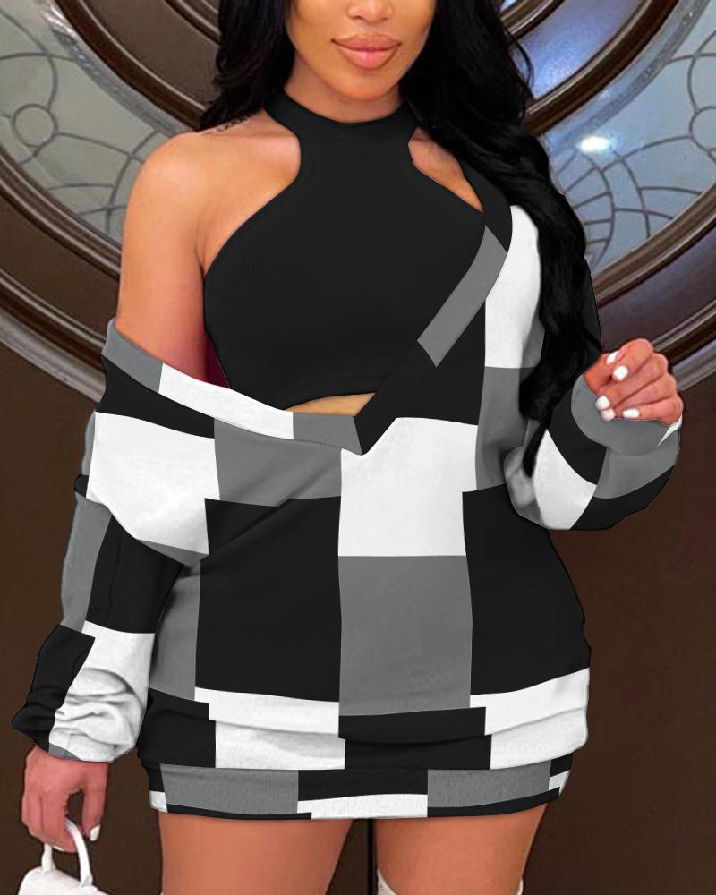

Colorblock Sweatshirt Dress With Crop Tank Top, Black