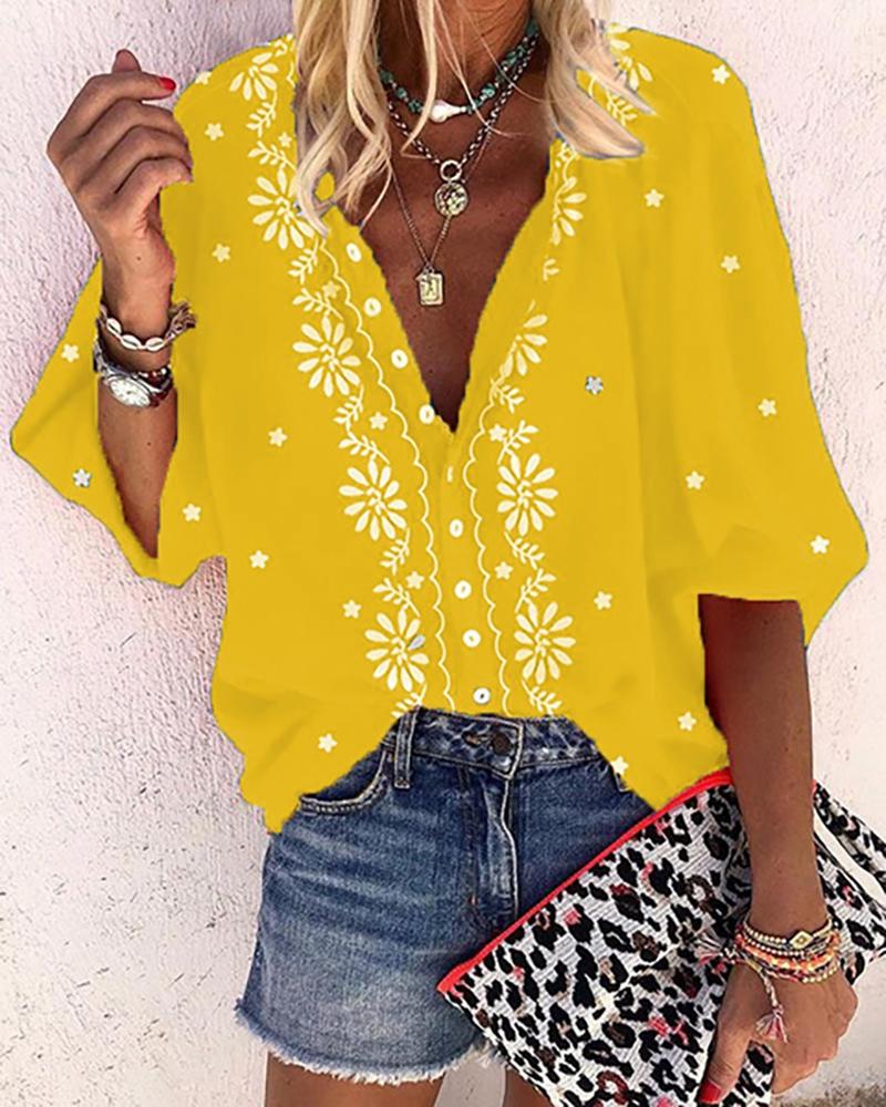 

Floral Print Button Front Lantern Sleeve Shirt, Yellow
