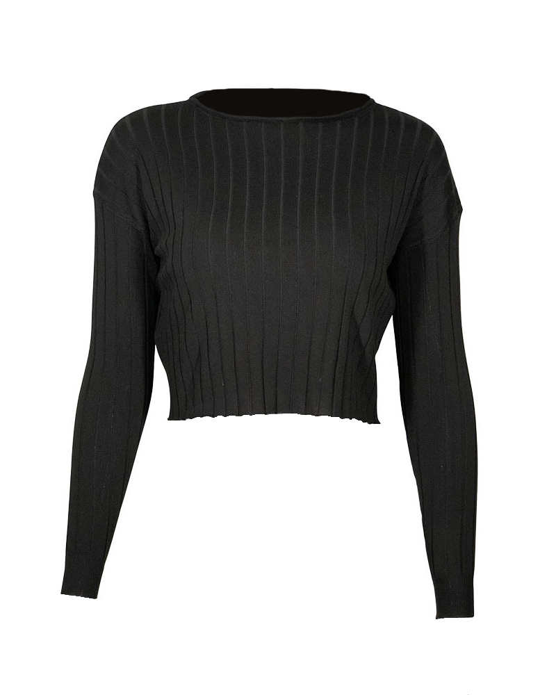 

Plain O-Neck Long Sleeve Crop Casual T-Shirt, Black