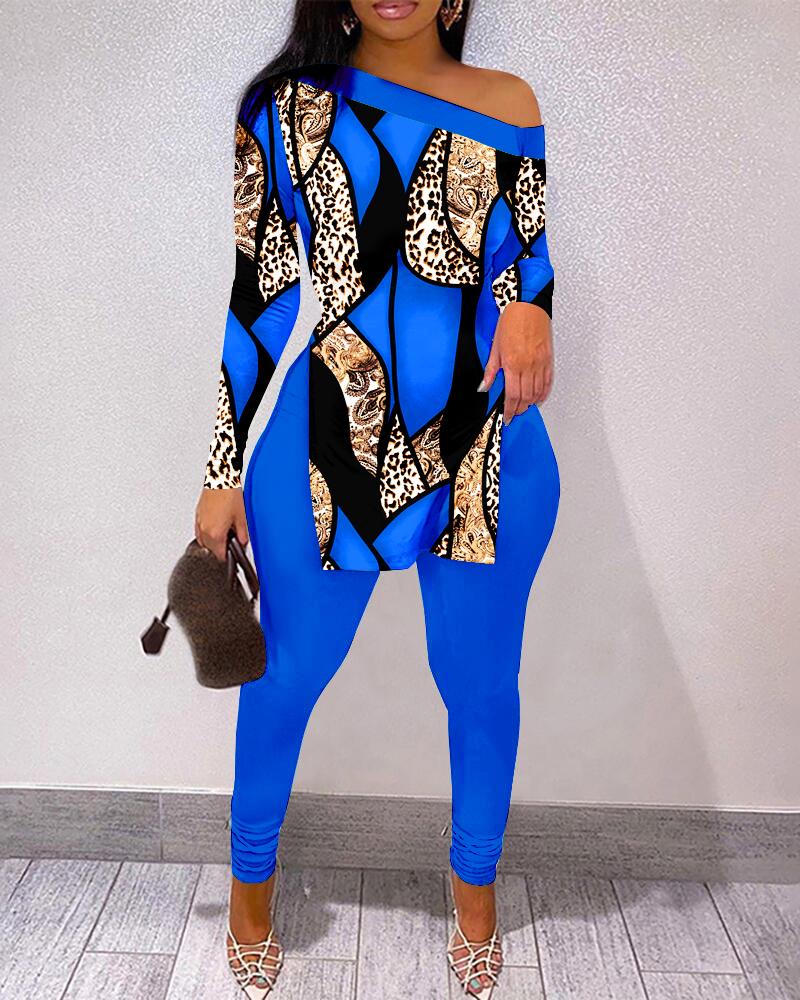 

Baroque Leopard Print Slit Top & Pants Set, Blue