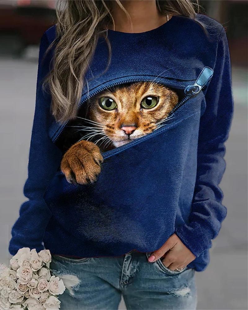 

Cute 3D Cat Print Long Sleeve Casual Top, Blue