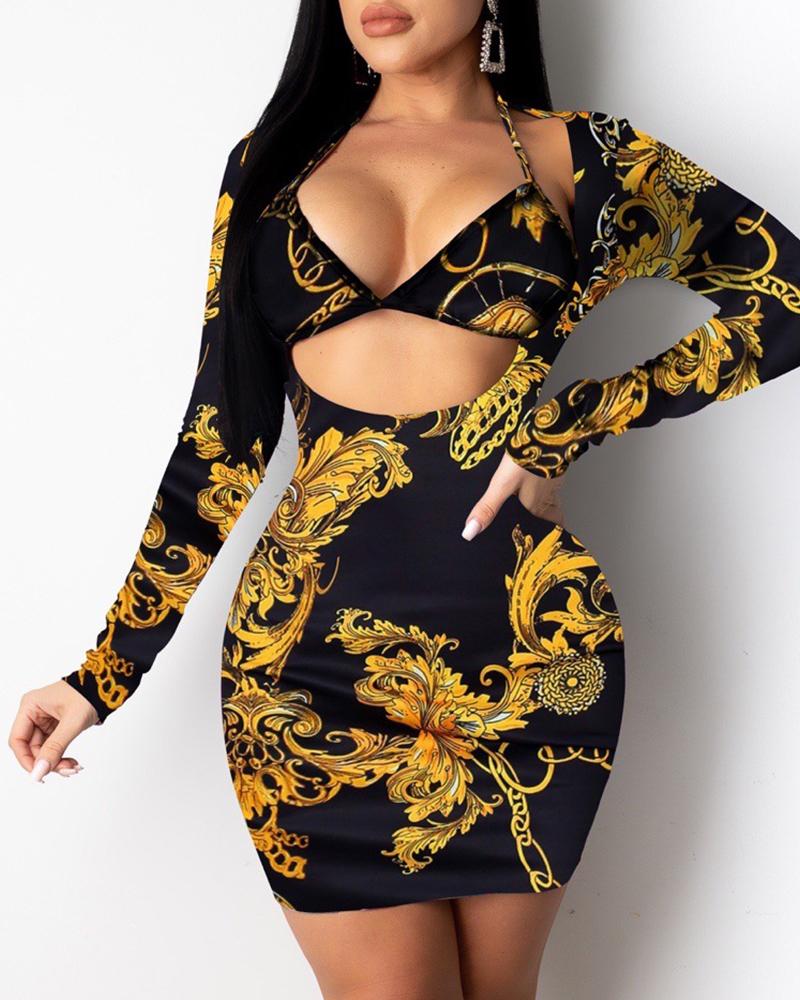 

Retro Print Cutout Front Long Sleeve Bodycon Dress, Black