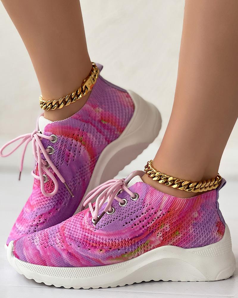 

Tie Dye Print Lace-up Slip-On Breathable Sneakers, Purple