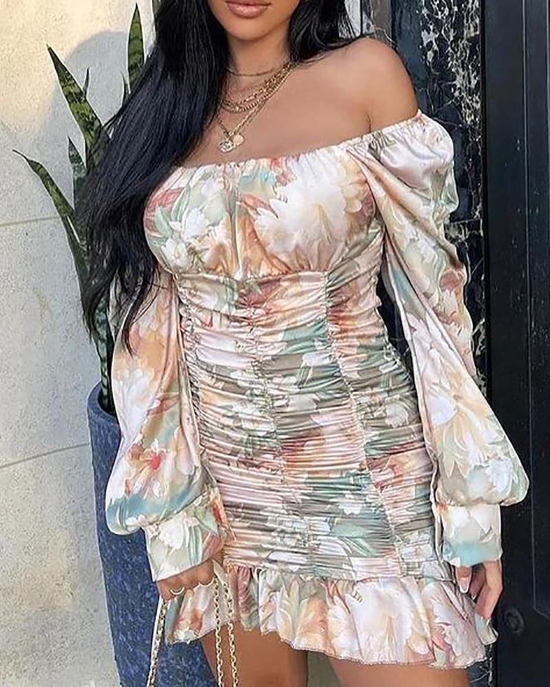 

Off Shoulder Floral Print Lantern Sleeve Ruched Dress, Multicolor
