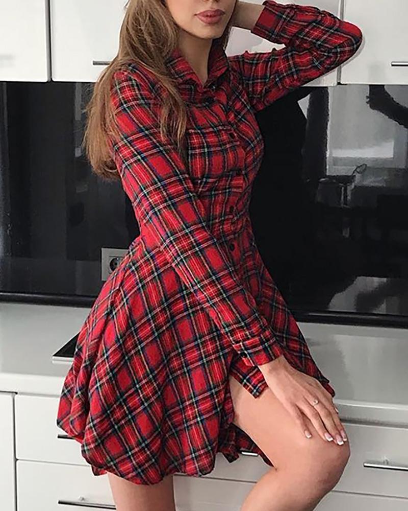 

Plaid Print Button Up Irregular Shirt Dress, Red