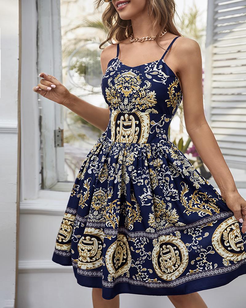 

Spaghetti Strap Baroque Print Dress, Blue