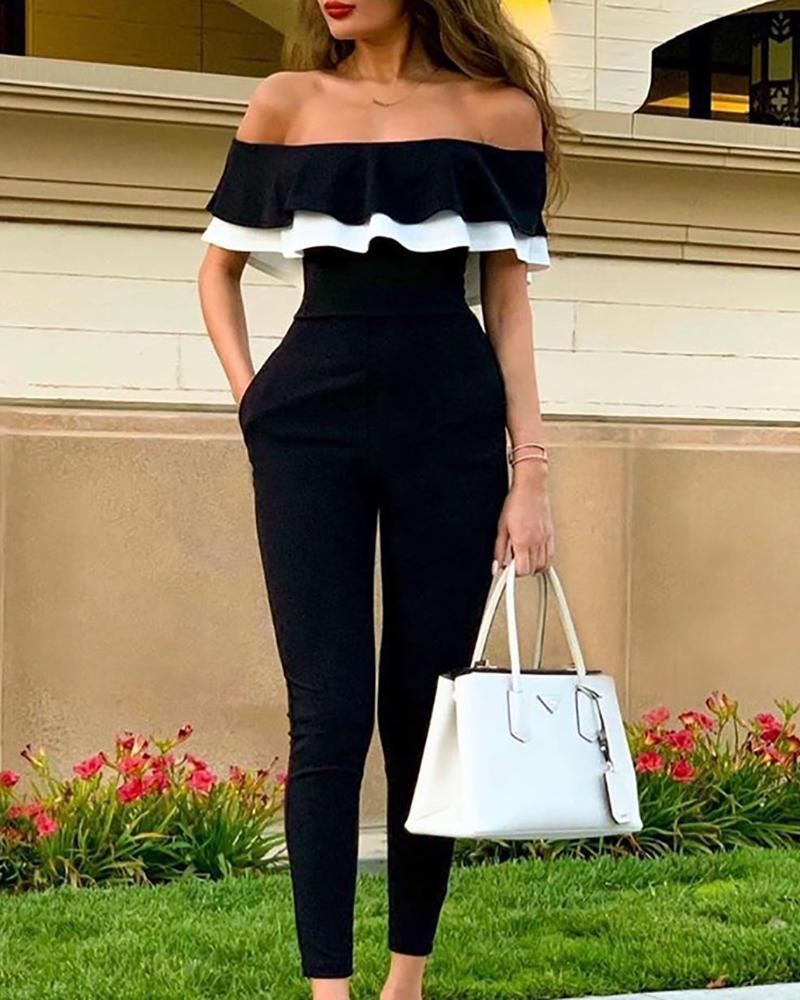 

Off Shoulder Colorblock Ruffles Jumpsuit, Black