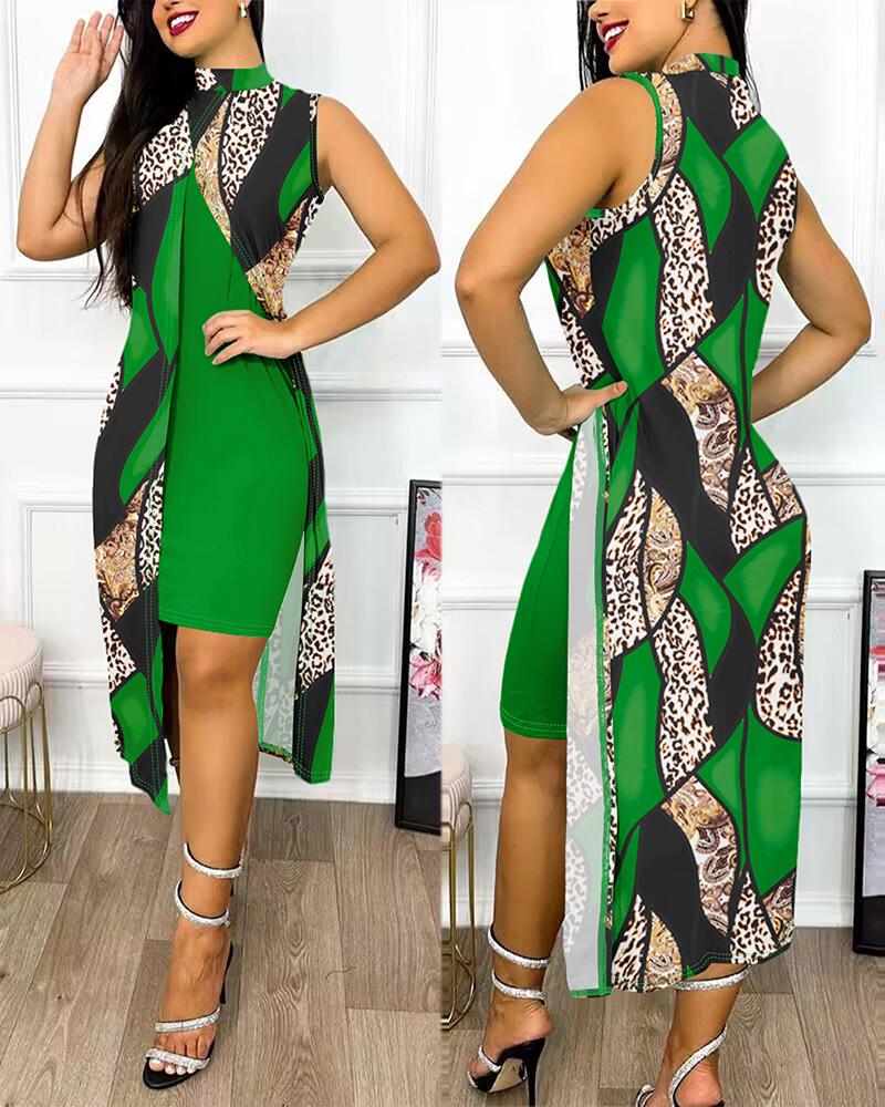 

Baroque Leopard Print Slit Asymmetrical Casual Dress, Green