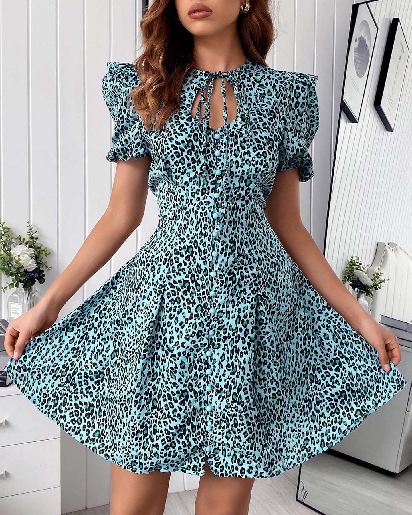 

Cutout Button Front Puff Sleeve Cheetah Print Dress, Blue