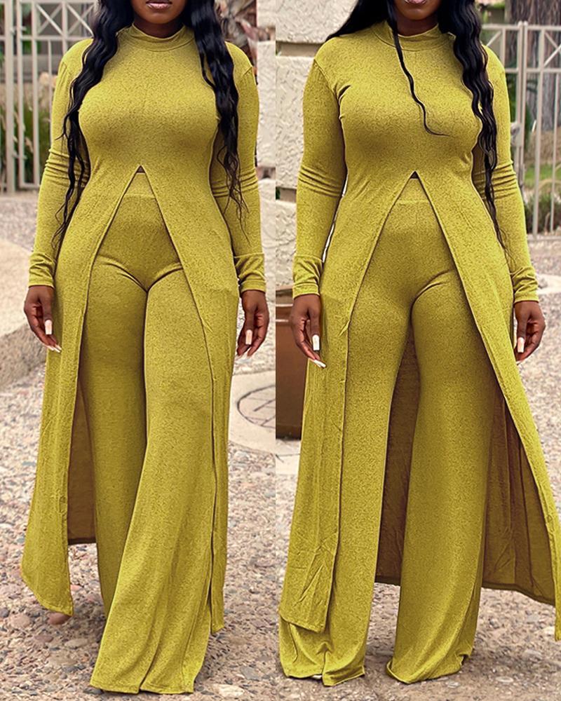 

Plus Size Mock Neck Slit Longline Top & Pants Set, Yellow