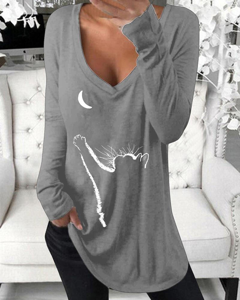 

Cartoon Kitty Print Long Sleeve Blouse, Gray