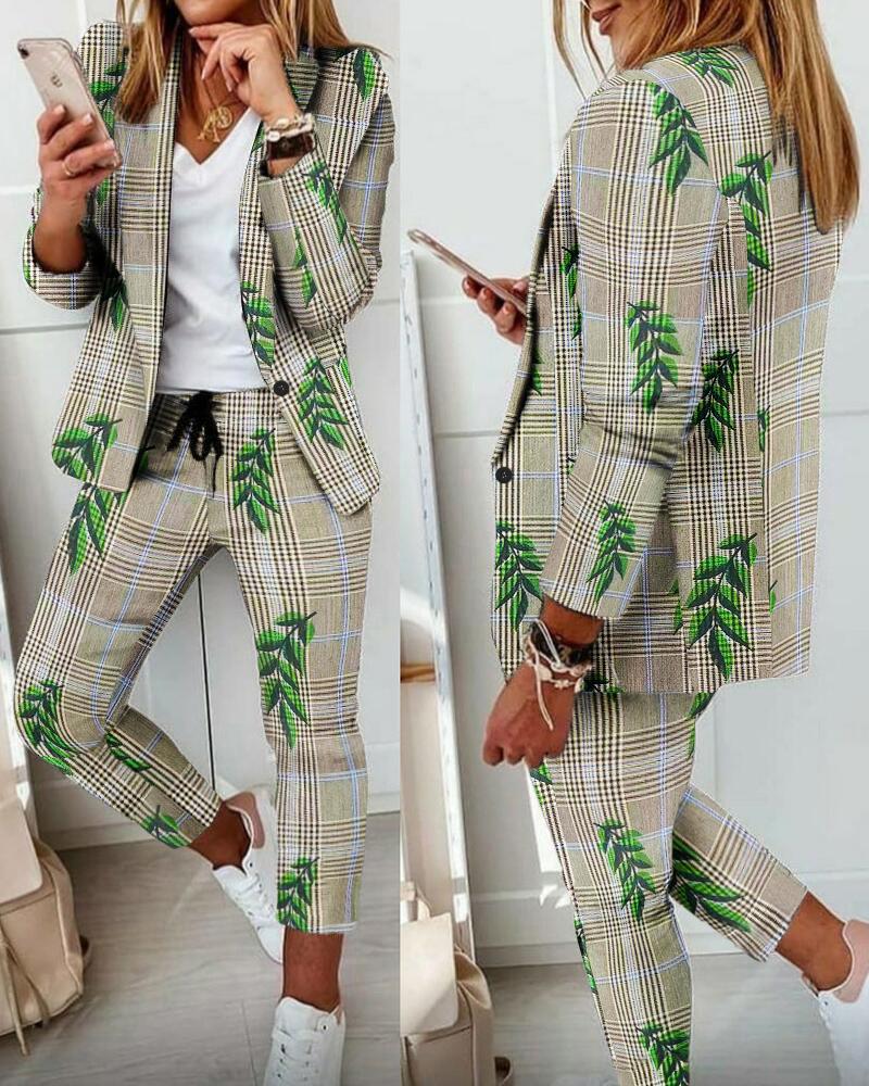 

Plaid Leaf Print Blazer & Drawstring Pants Set, Style1