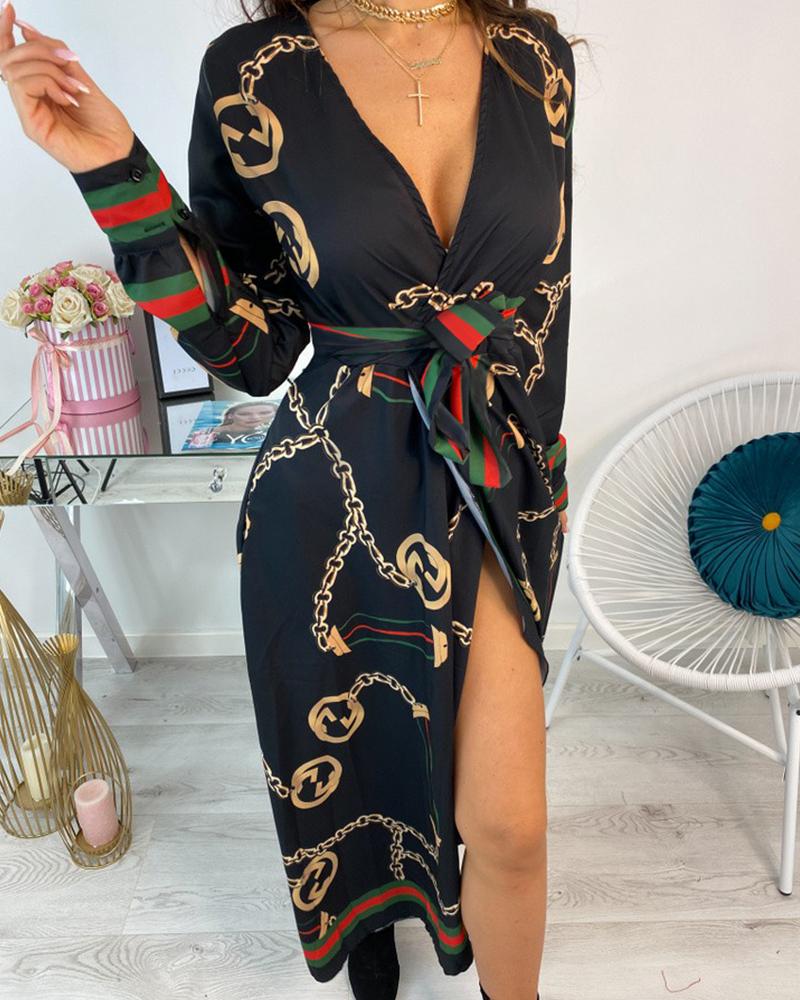 

Long Sleeve Chain Baroque Print Dress, Black