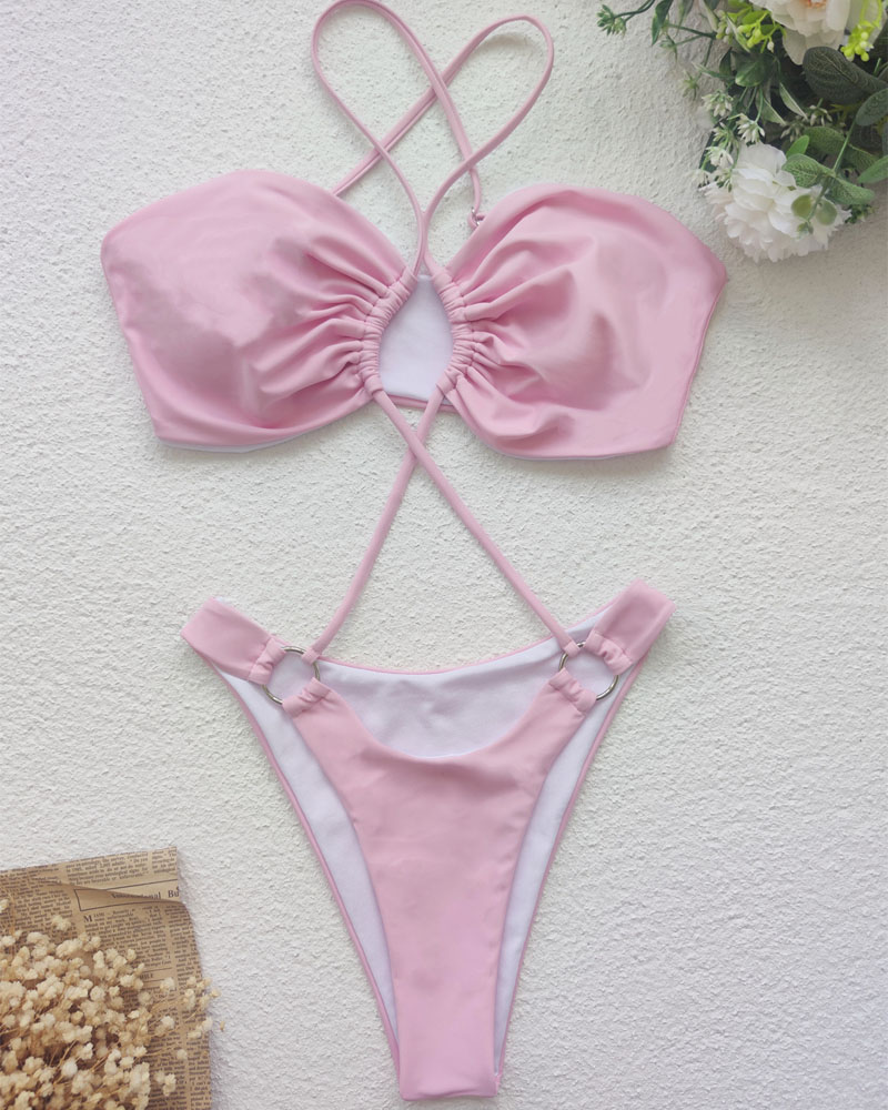 

O-Ring Halter Backless One-Piece Swimsuit, Pink
