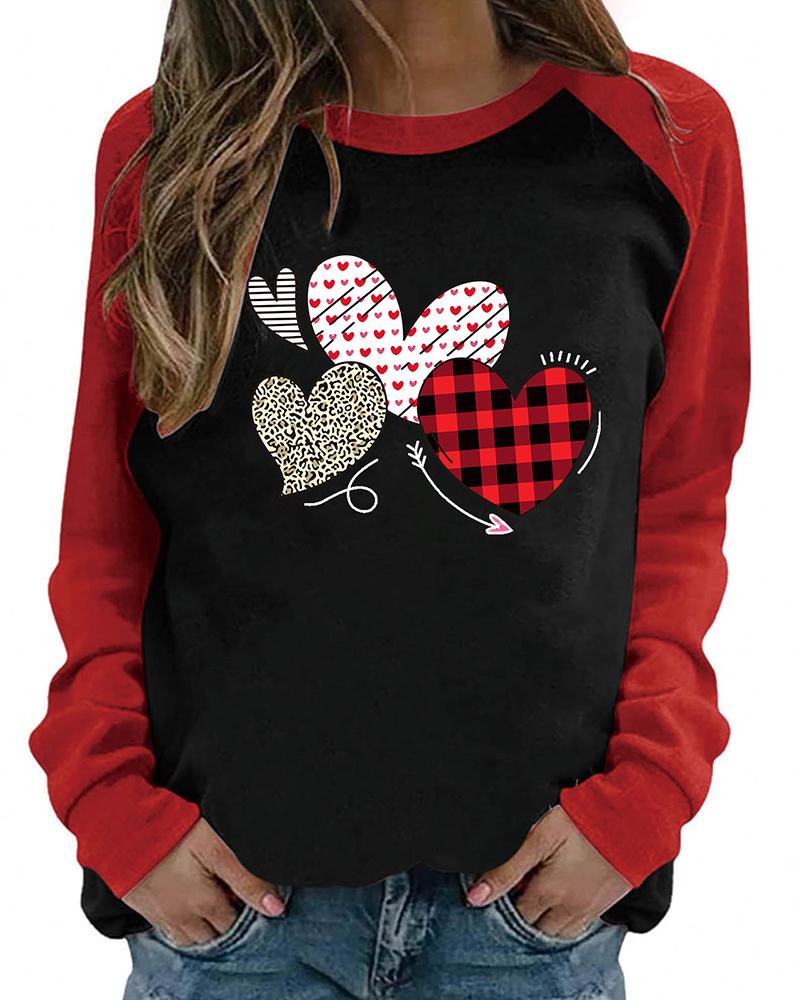 

Valentine's Day Colorblock Heart Print Long Sleeve Top, Black