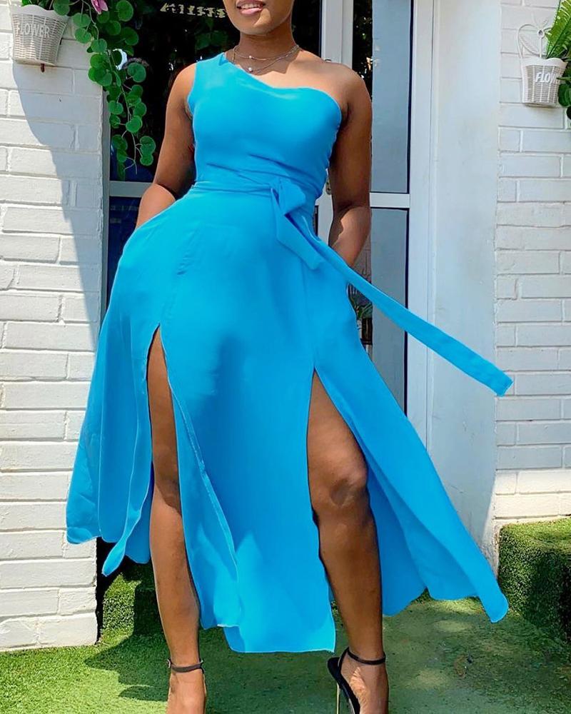 

One Shoulder Tied Detail High Slit Dress, Blue