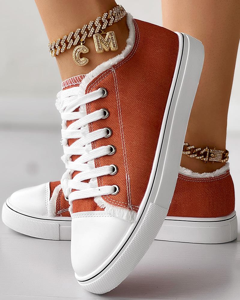 

Raw Hem Lace-up Canvas Sneakers, Orange