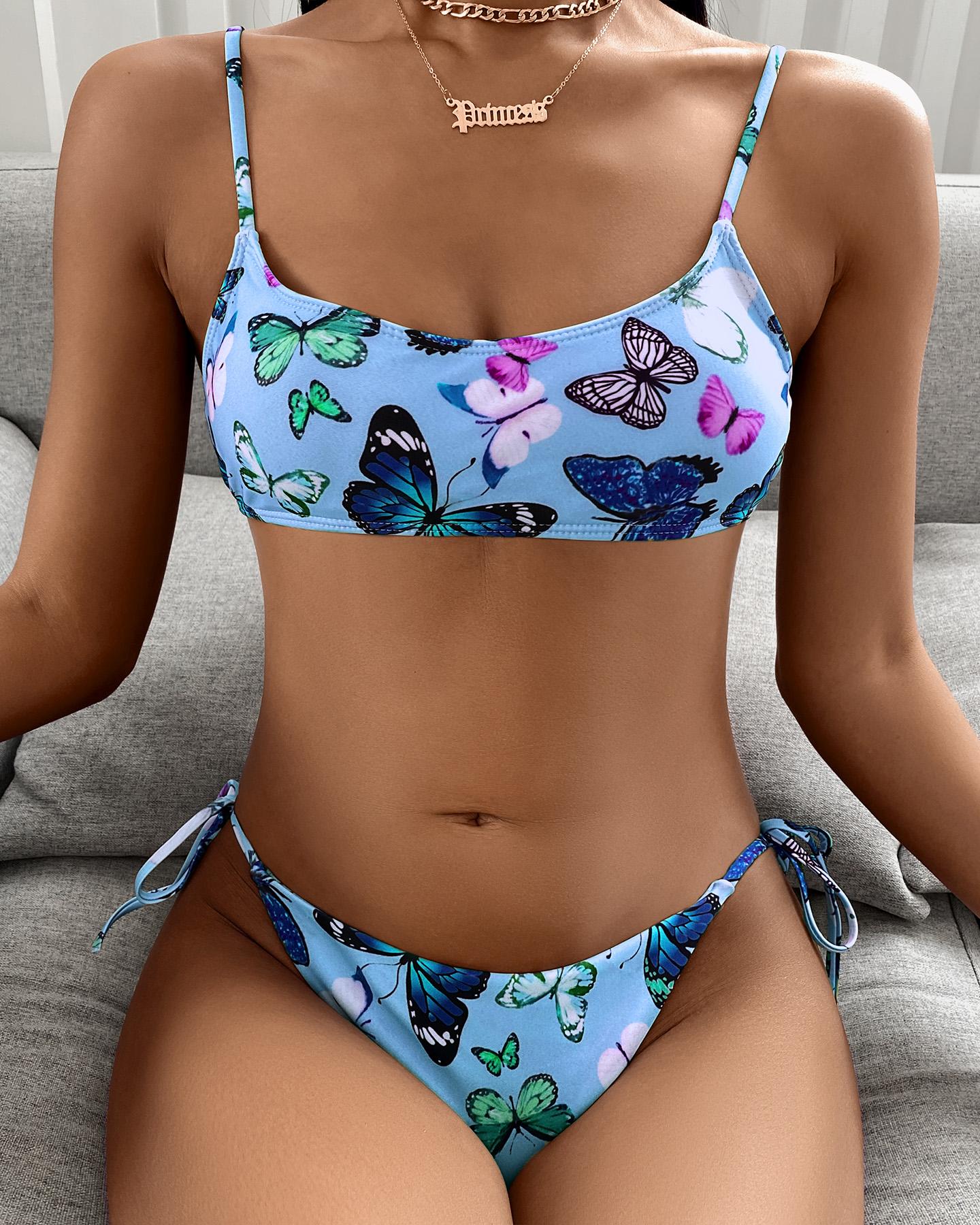 

Butterfly Print Tied Detail Bikini Set, Blue