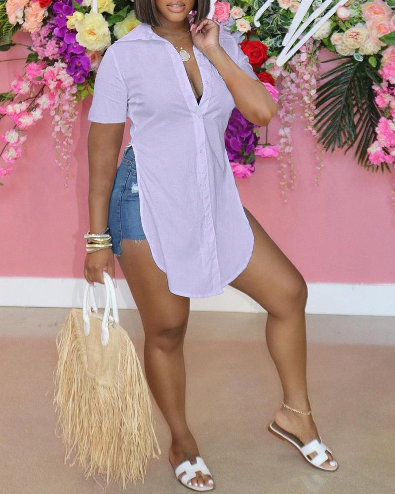 

Short Sleeve Button Design High Slit Shirt, Purple
