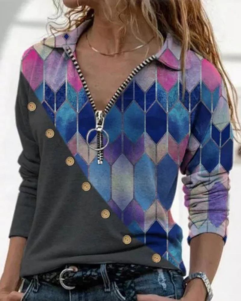 

Abstract Print Zipper Design Blouse, Blue