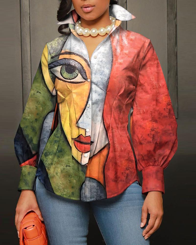 

Abstract Figure Print Lantern Sleeve Button Down Shirt, Multicolor