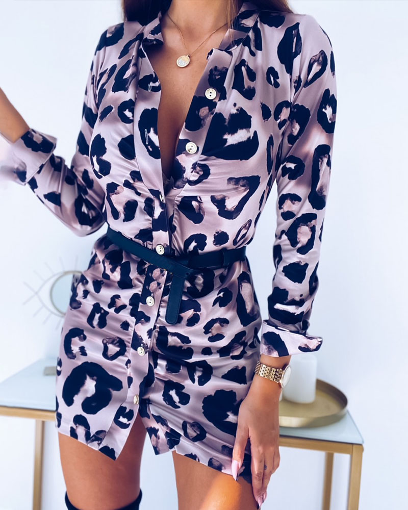 

Leopard Print Long Sleeve Button Down Shirt Dress, Gray