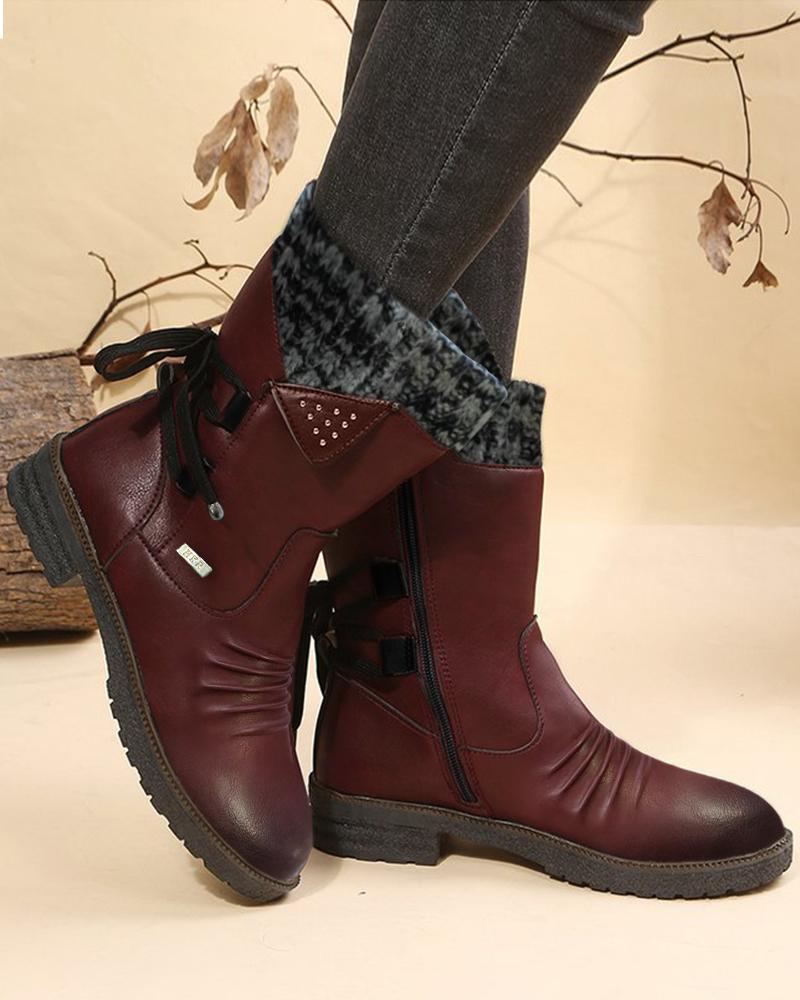 

Side Zipper Lace-up Chunky Heel Ankle Boots, Wine red