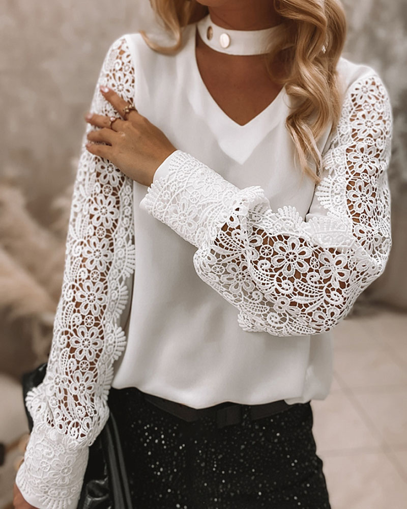 

Guipure Lace Patch Long Sleeve Top, White