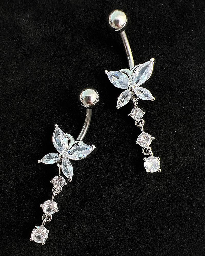 

1pc Crystal Butterfly Shaped Drop Belly Ring, Silver