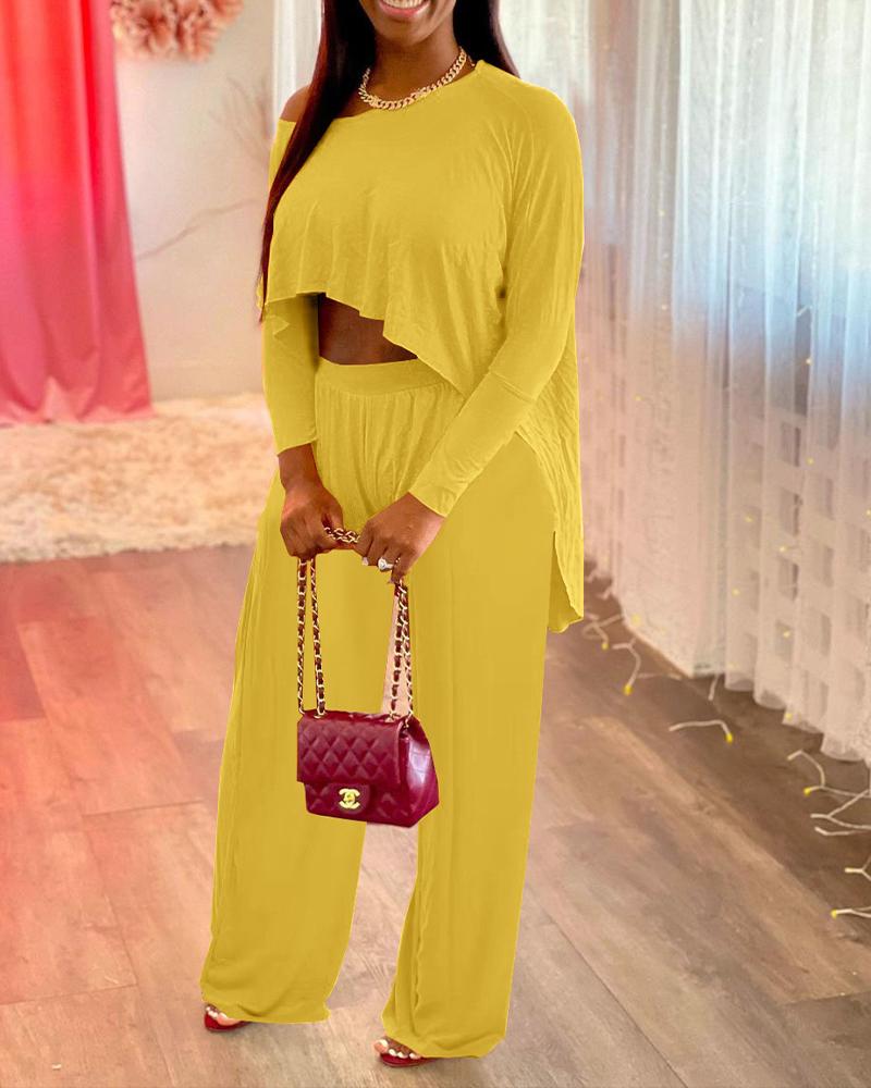 

Asymmetrical Crop Top & Wide Leg Pants Set, Yellow