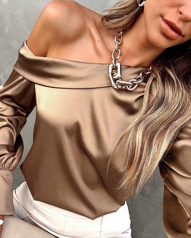 

Plain Cold Shoulder Long Sleeve Top, Champagne