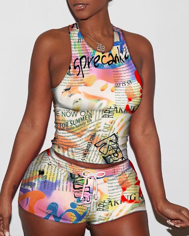 

Newspaper Print Tank Top & Drawstring Shorts Set, Multicolor