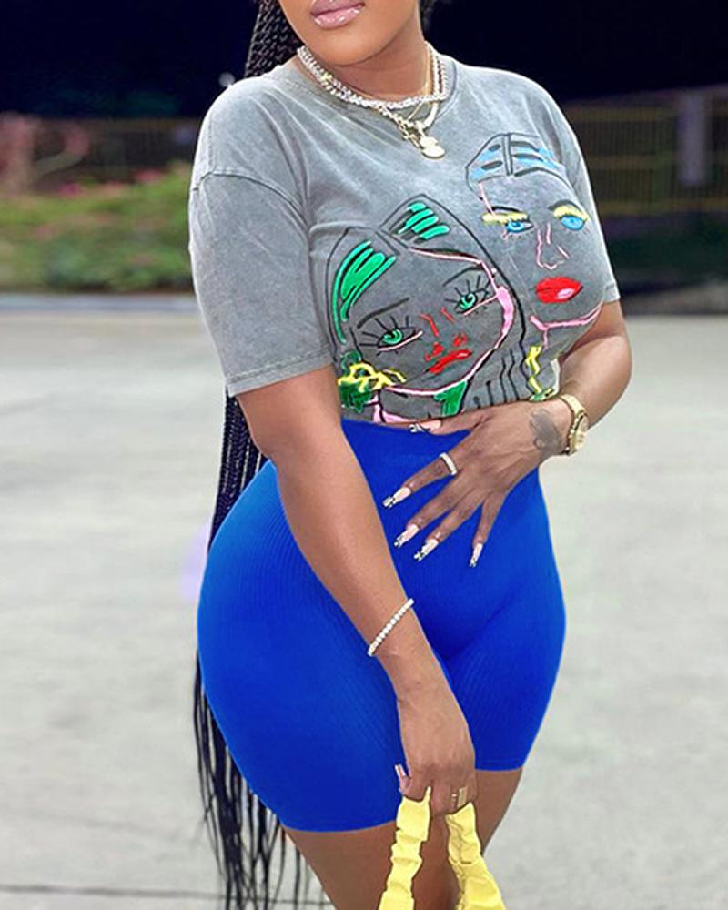 

Figure Print Short Sleeve T-shirt & Ribbed Shorts Set, Blue