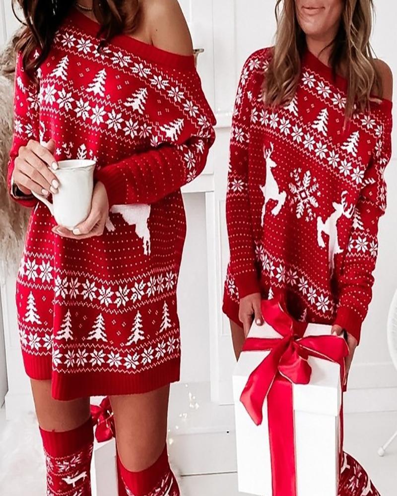 

Christmas Snowflake Deer Print Longline Sweater, Red