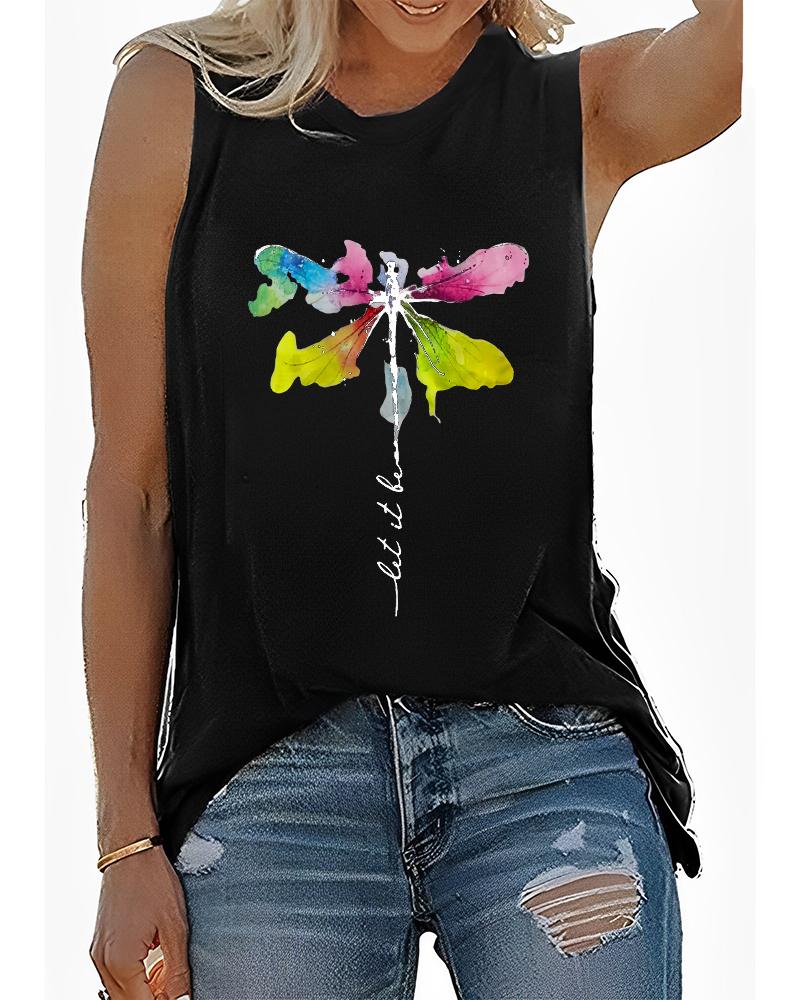 

Dragonfly Letter Print Casual Tank Top, Black