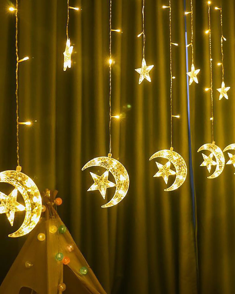 

Twinkle Star Moon Curtain String Lights Ornament For Christmas Wedding Party, White