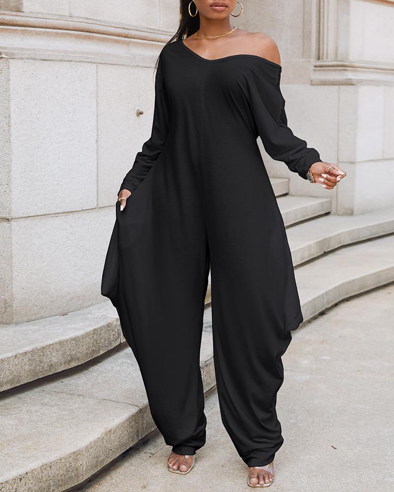 

Long Sleeve V-Neck Harem Jumpsuit, Black