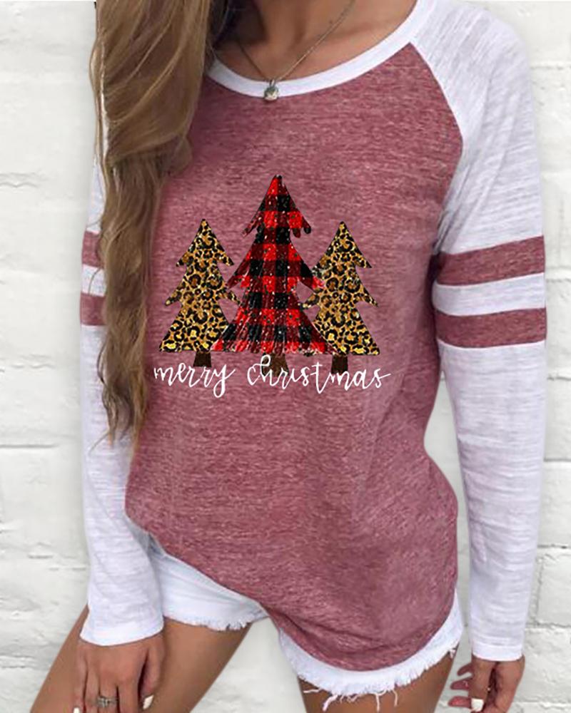 

Christmas Long Sleeve Casual Tree Print Sweatshirt, Red